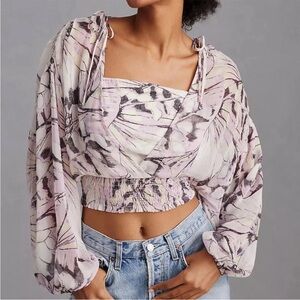 Anthropologie Floral Pink White Pattern Flowy Peasant Top Long-Sleeve SMALL NWT